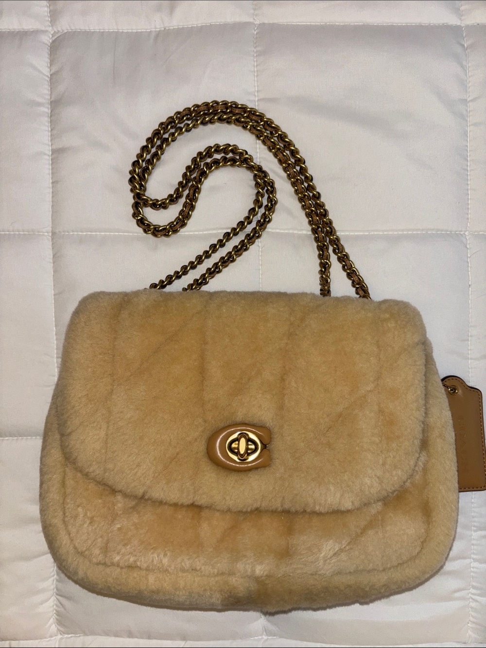 COACH Madison Quilted Pillow Shearling Shoulder Bag in Camel with Chain Strap